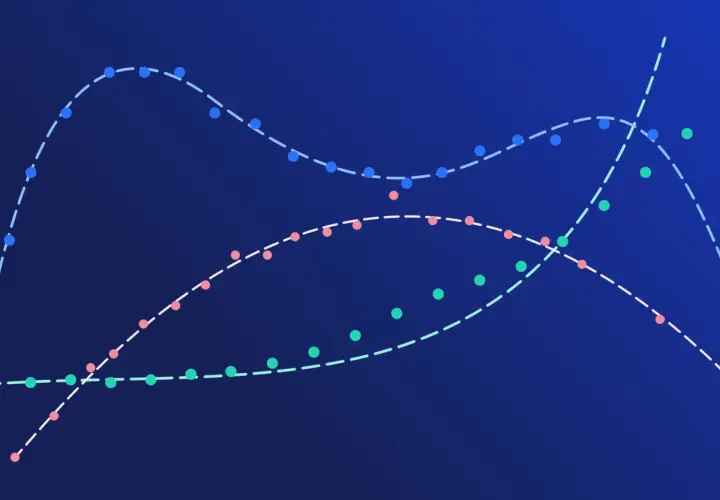 Grafico a linee con tre curve tratteggiate colorate (blu, rosa, verde) che mostrano tendenze e intersezioni su sfondo blu scuro.