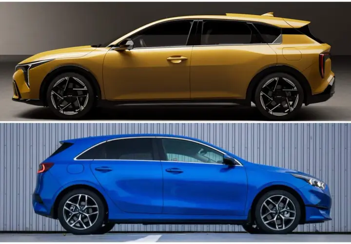 Dwa modele Kia Ceed 2025: jeden żółty, futurystyczny, drugi niebieski, klasyczny.