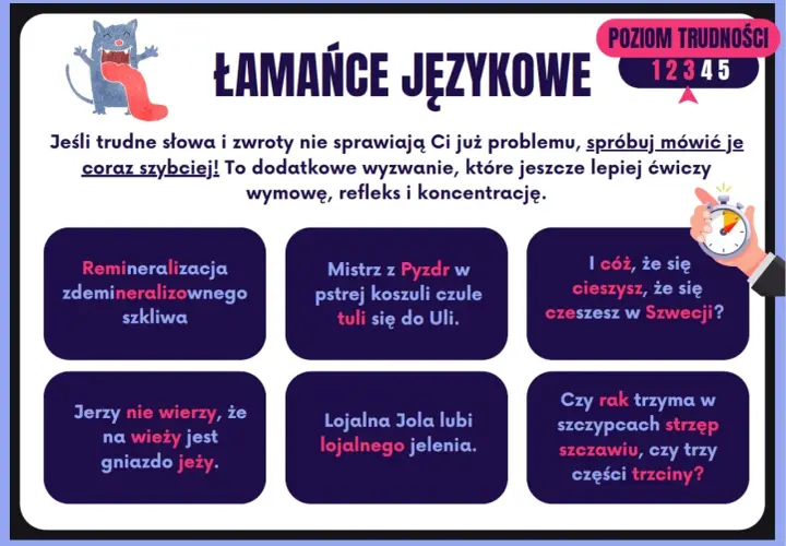 Krótkie łamańce językowe dla dzieci: "Remineralizacja zdemineralizowanego szkliwa", "Mistrz z Pyzdr w pstrej koszuli czule tuli się do Uli", "Jerzy nie wierzy, że na wieży jest gniazdo jeży".
