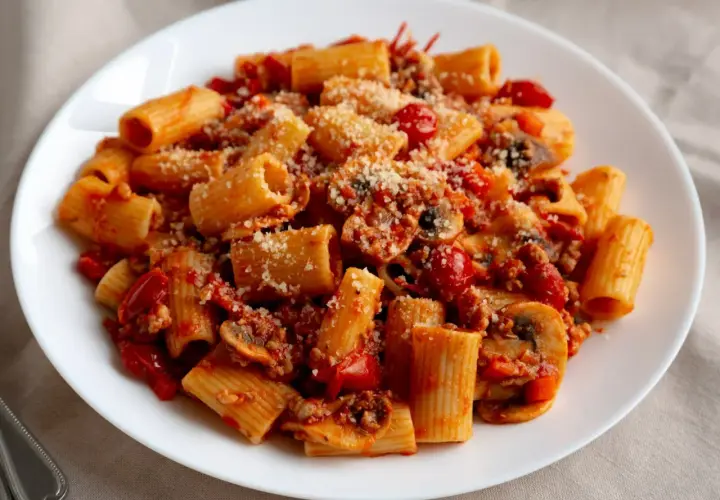 Pyszny czerwony makaron rigatoni z sosem bolońskim, pieczarkami i pomidorkami, posypany parmezanem.