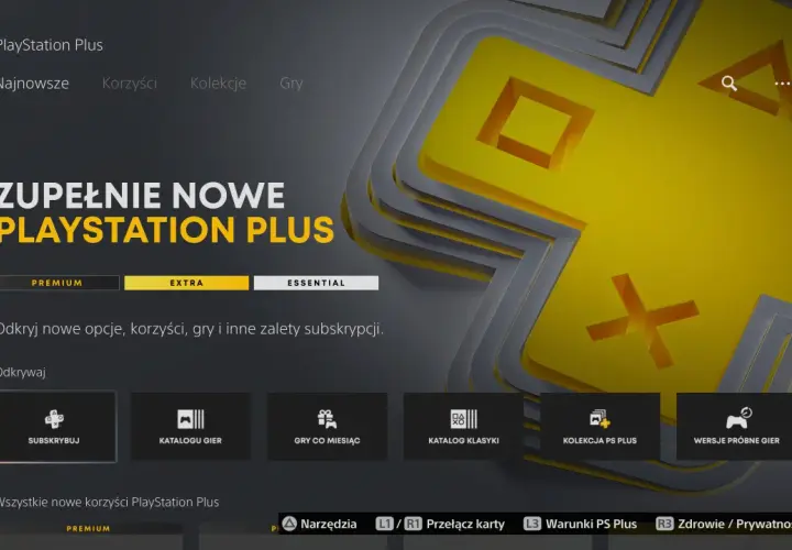 Menu PlayStation Plus z opcją "EXTRA" podświetloną na żółto. Odkryj nowe gry i korzyści subskrypcji.