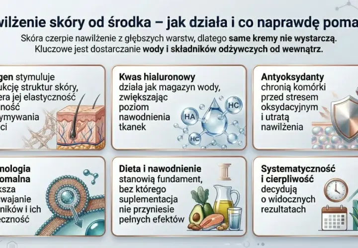Kolagen wspiera elastyczność skóry, a kwas hialuronowy nawadnia tkanki. Antyoksydanty chronią przed utratą nawilżenia. Dieta i suplementacja to klucz do nawilżenia od środka.