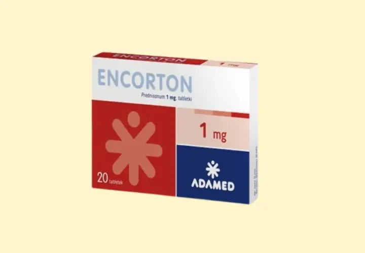 Opakowanie leku Encorton 1 mg, zawierające 20 tabletek, stosowane również dla psa.