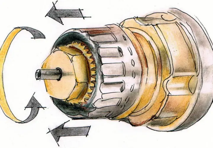 Schemat pokazuje mechanizm zaworu termostatycznego grzejnika. Strzałki wskazują kierunek obrotu, jak zakręcić grzejnik, by regulować temperaturę.