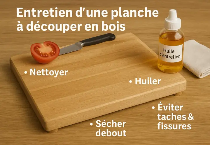 Planche à découper en bois avec une tomate, un couteau, une huile d'entretien et un chiffon. Conseils pour huiler le bois et éviter les taches.