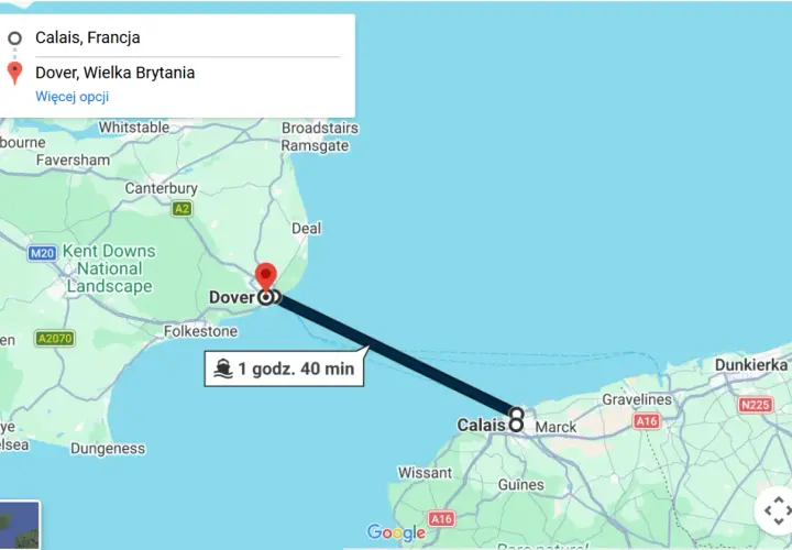 Trasa promowa z Calais do Dover, Wielka Brytania, zajmuje 1 godzinę i 40 minut.