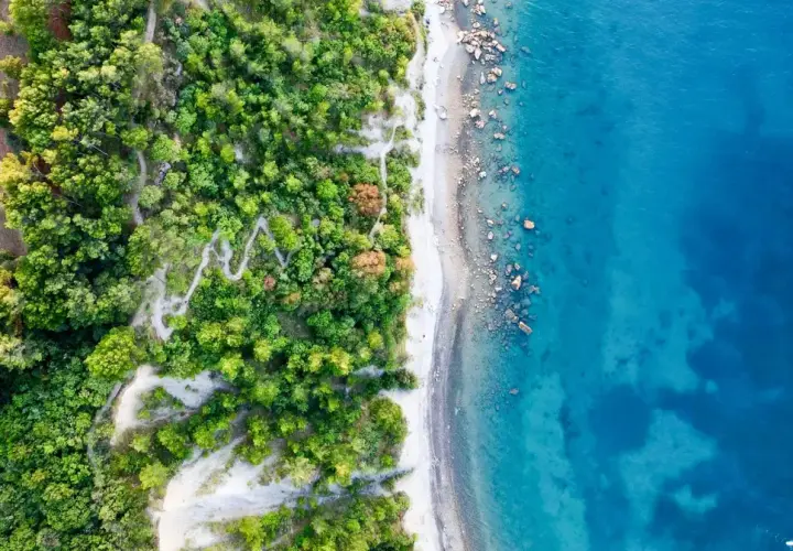 Luftaufnahme eines Küstenstreifens mit üppigem Grün, einem Kiesstrand und dem türkisfarbenen Ljubljana Meer.