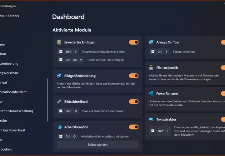 Dashboard der PowerToys mit aktivierten Modulen wie "Always On Top" und "PowerRename".