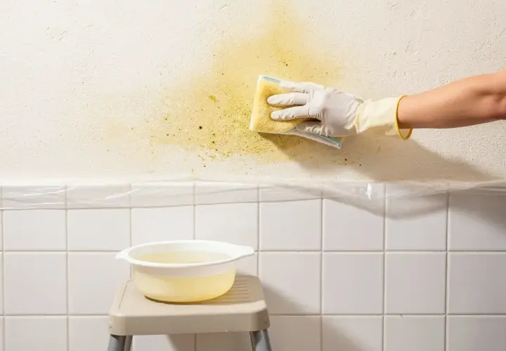 Mano con guanto pulisce macchie gialle su cartongesso con una spugna. Sotto, piastrelle bianche e una bacinella d'acqua.