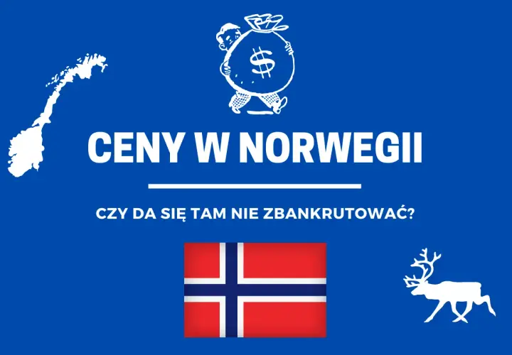 Mapa Norwegii, symbol dolara i renifer. Napis: "Ceny w Norwegii. Czy da się tam nie zbankrutować?".