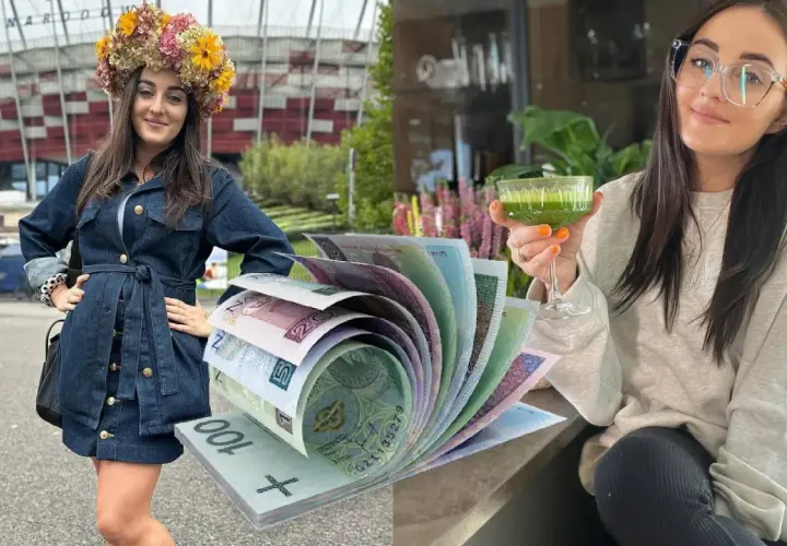 Ania z Rolnik szuka żony w wianku i dżinsowej sukience, obok stos banknotów. Po drugiej stronie Ania z zielonym koktajlem.