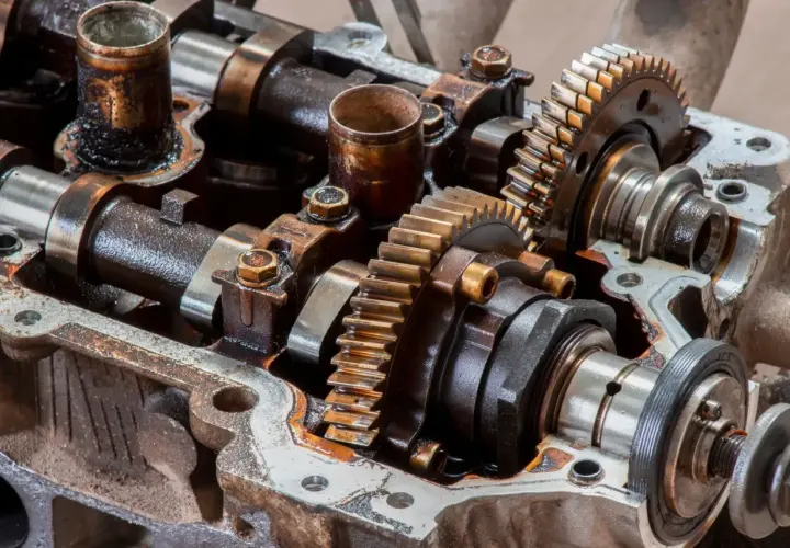 Widok mechanizmu zębatkowego, gdzie koło zmiennych faz rozrządu jest kluczowym elementem.