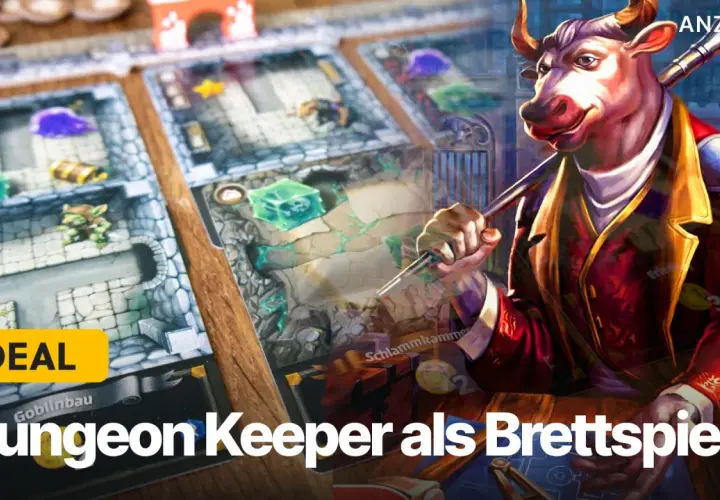 Ein detailreiches Dungeon-Crawler-Brettspiel mit Goblins, Schätzen und einem stilvollen Bullen-Charakter.