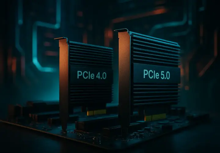 Zwei PCIe-Karten, PCIe 4.0 und PCIe 5.0, stehen nebeneinander auf einer Leiterplatte.