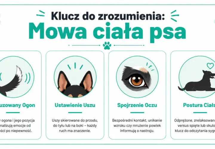 Mowa ciała psa: ogon, uszy, oczy i postawa. Ruchy ogona i jego pozycja sygnalizują emocje od radości po niepewność.