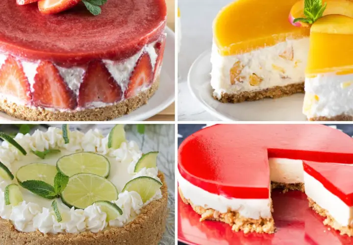 Quattro cheesecake: fragola, pesca, lime e gelatina rossa. Ogni topping cheesecake è un'opera d'arte.