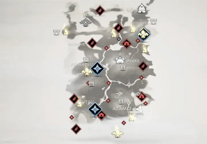 Mapa wyspy Tsushima z zaznaczonymi lokacjami, takimi jak Komoda, Kashine, Komatsu, Ariake, Hiyoshi i Azamo.