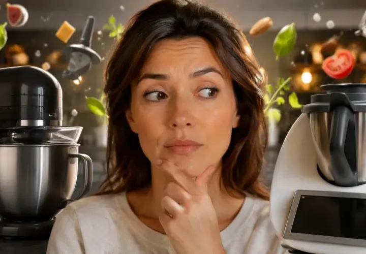 Kobieta zastanawia się, czy wybrać robota kuchennego Cobbo 7, czy Thermomix. Wokół unoszą się składniki.