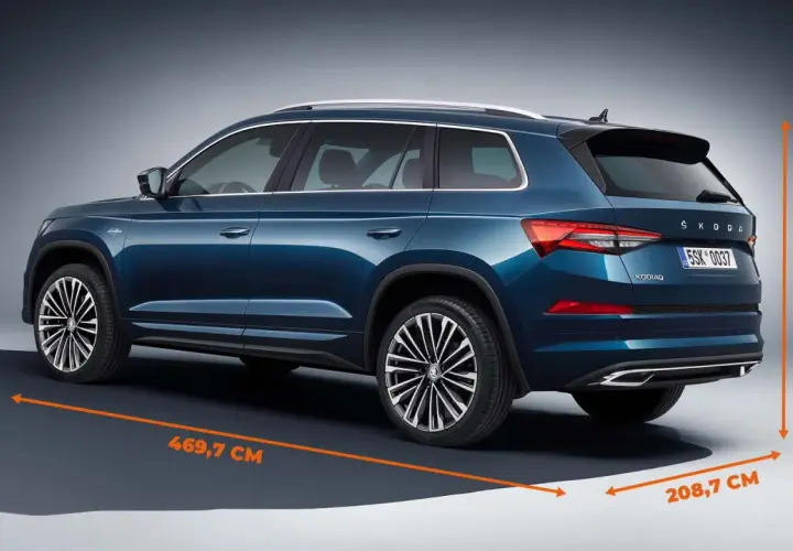Niebieski Skoda Kodiaq z zaznaczonymi wymiarami: długość 469,7 cm, szerokość 208,7 cm, wysokość 168,1 cm.