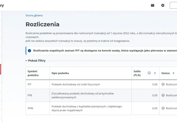 Widok rozliczeń podatkowych w e-Urzędzie Skarbowym. Można tu sprawdzić zaliczki na podatek dochodowy PIT, PPE, PPW.