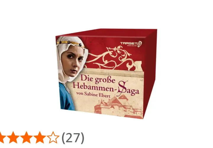 Die große Hebammen-Saga von Sabine Ebert, ein Buchcover mit einer Frau im mittelalterlichen Gewand und einer Burg.