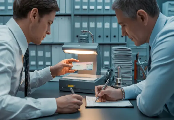 Deux hommes vérifient un chèque sous une lampe. L'un tient le chèque, l'autre remplit un formulaire, processus de depot cheque.
