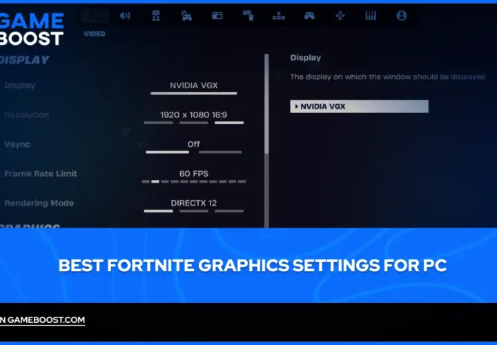 Paramètre Fortnite PC : affichage, résolution 1920x1080, Vsync désactivé, 60 FPS, DirectX 12.