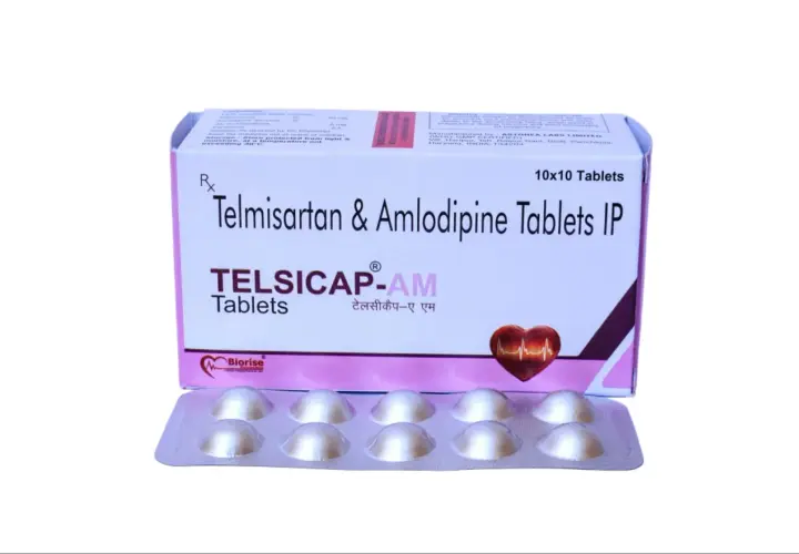 Opakowanie leku Telsicap-AM, zawierające telmisartan i amlodypinę. Pudełko z blistrem tabletek.