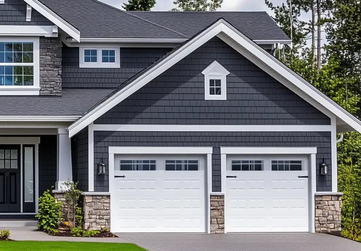 Maison moderne avec extension de garage double, bardage gris, pierres apparentes et toit sombre.