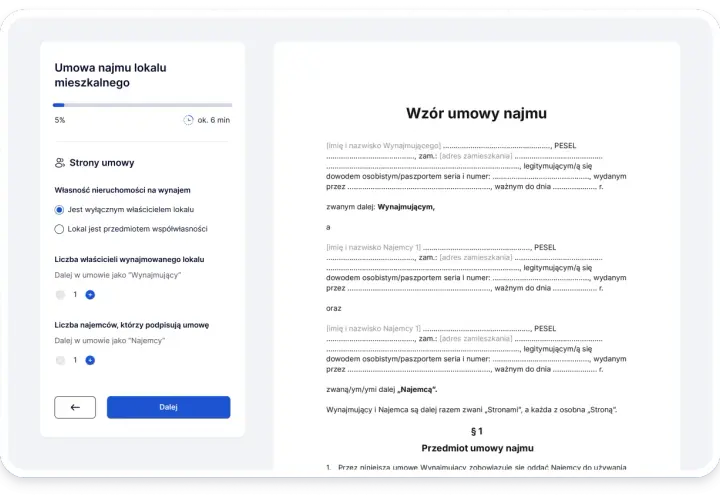 Formularz tworzenia umowy najmu mieszkania. Określanie stron umowy, właściciela i liczby najemców. Różne rodzaje najmu mieszkania.