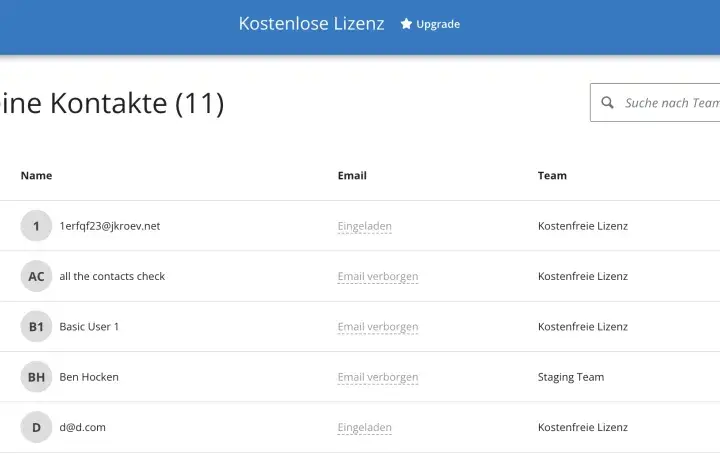 Übersicht der Kontakte mit kostenfreier Lizenz. Hier verwaltest du dein Team und lädst neue Nutzer ein.