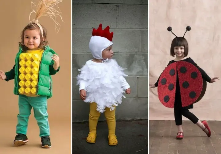 Niños con disfraces caseros de cuentos infantiles: un niño como mazorca de maíz, otro como pollito y una niña como mariquita.