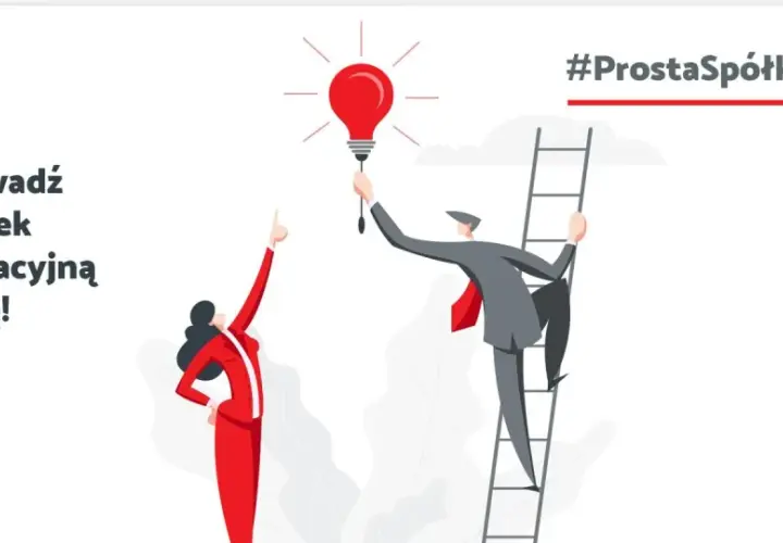 Wprowadź innowacyjną spółkę! Kobieta wskazuje na żarówkę, mężczyzna wspina się po drabinie do #ProstaSpółkaAkcyjna.