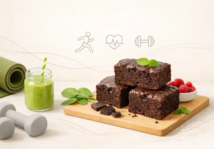 Zdrowe brownie z mąki pełnoziarnistej, zielony koktajl, maliny i akcesoria do ćwiczeń. Idealne połączenie przyjemności i aktywności.