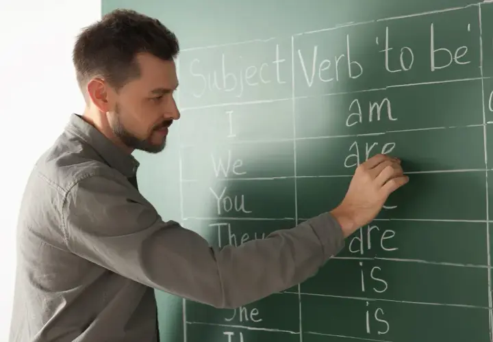 Nauczyciel pisze na tablicy odmianę czasownika "to be". Nauka angielskiego na poziomie C1 to cel wielu uczniów.
