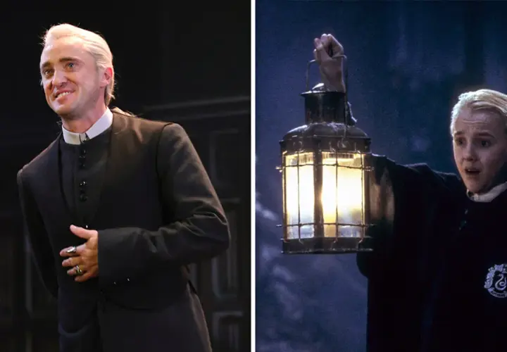Tom Felton jako Draco Malfoy: dorosły aktor w czarnym stroju i młody aktor z latarnią.