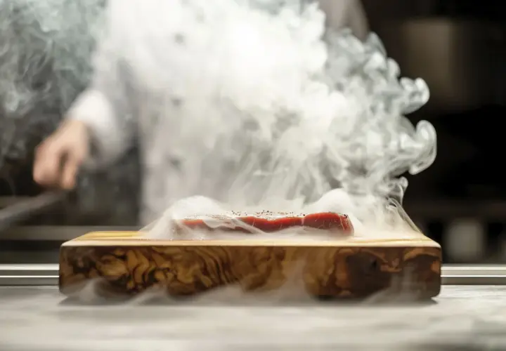 Un morceau de viande rouge est posé sur une planche en bois, entouré d'une fumée dense. Cela illustre comment fonctionne un fumoir pour infuser des arômes.