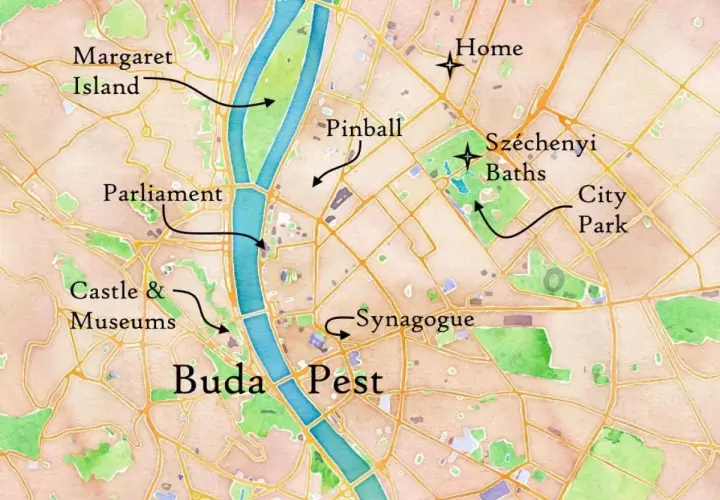 Mapa pokazuje, gdzie jest Budapeszt: Parlament, Zamek i Muzea, Wyspa Małgorzaty, Széchenyi Baths, Synagoga i Park Miejski.