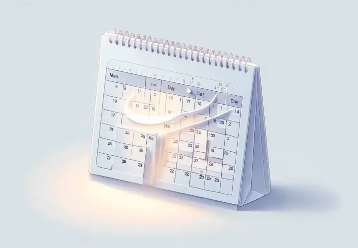 Calendario da tavolo con un segno a forma di "C" che sembra aggiungere giorni a una data, simboleggiando l'estensione del tempo.