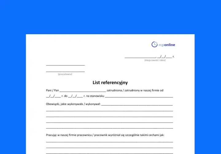 Formularz listu referencyjnego dla pracownika. Zawiera pola na dane pracodawcy, pracownika, okres zatrudnienia, obowiązki i cechy wyróżniające.