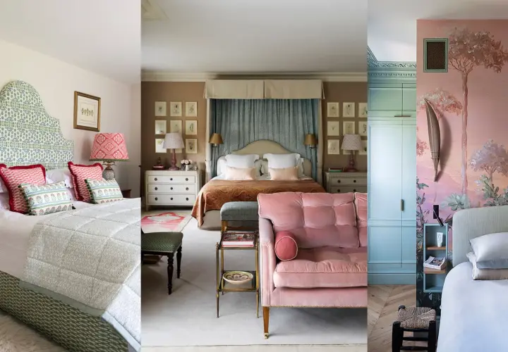 Charming small romantic bedroom ideas: patterned headboard, plush pink sofa, and a dreamy floral mural create cozy retreats.