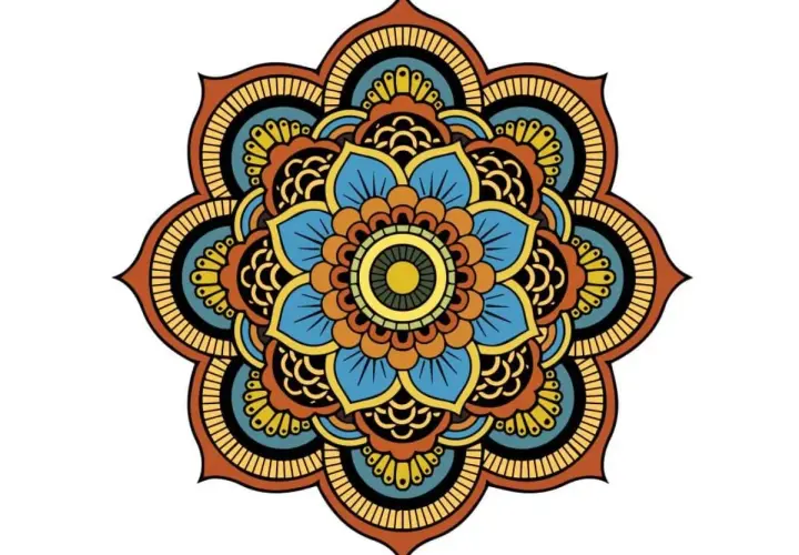 Kolorowa mandala z niebieskimi płatkami i żółtym środkiem, otoczona pomarańczowymi i czarnymi wzorami.