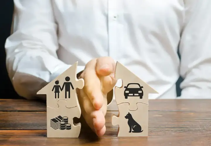 Dwa domy z puzzli rozdzielone ręką. Jeden symbolizuje rodzinę i pieniądze, drugi auto i psa. Ilustracja sytuacji, kiedy ustaje wspólność majątkowa.