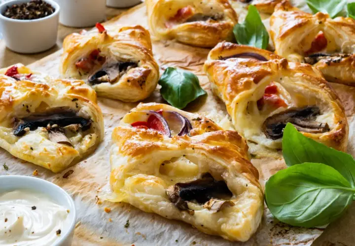 Chrupiące przekąski z ciasta francuskiego z serem i szynką, pieczone do złocistego koloru, podane z listkami bazylii.