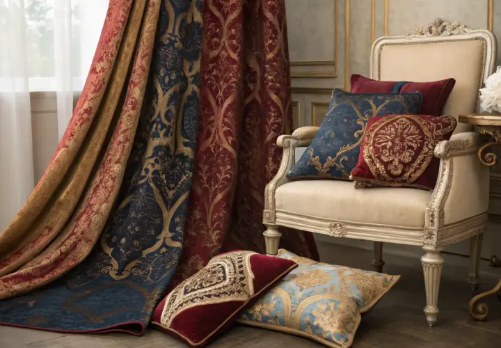 Rideau et coussins aux motifs **damassés** dorés sur fond bleu marine et rouge. Un fauteuil élégant complète la scène.