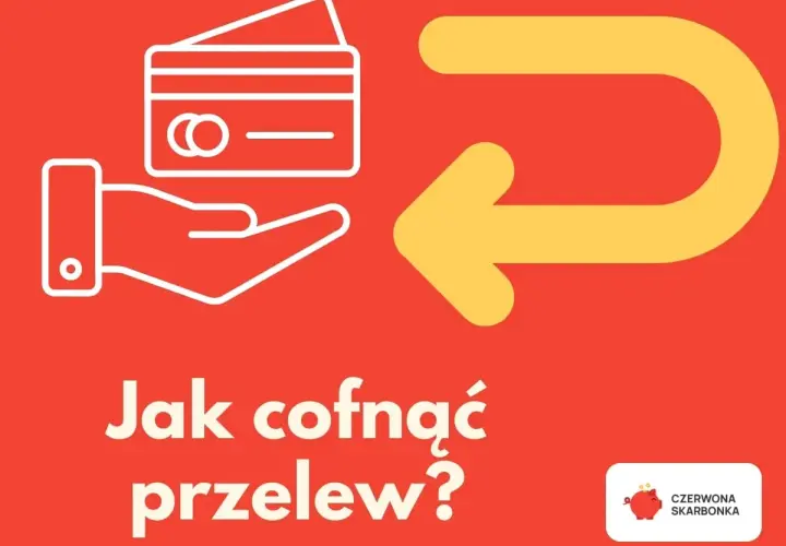 Grafika pokazuje rękę z kartą płatniczą i strzałkę zwrotną. Tekst "Jak cofnąć przelew?" sugeruje, że obraz dotyczy tej czynności, np. w Santander.