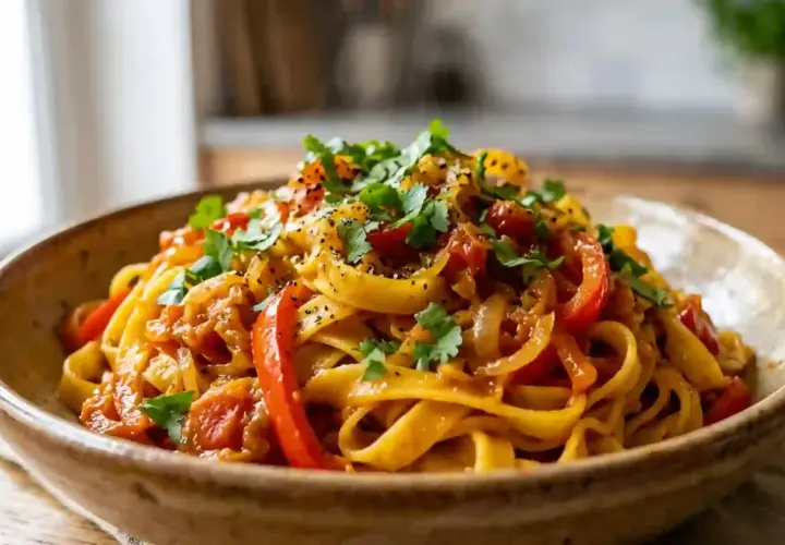Un plat de pâtes aux poivrons rouges et jaunes, oignons et tomates, garni de persil frais. Une délicieuse recette italienne.