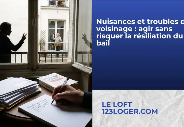 Silhouette d'une femme faisant un signe de paix, face à une autre femme sur un balcon. Le texte parle de **conflit de voisinage**.