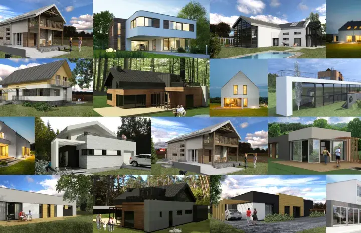 Siatka zdjęć nowoczesnych domów jednorodzinnych w różnych stylach architektonicznych.