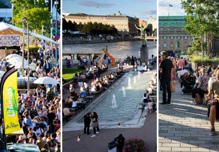 Folkmyller vid Norrbro Marknad och en somrig kväll vid vattnet i Stockholm, en härlig atmosfär som påminner om en stockholm music festival.